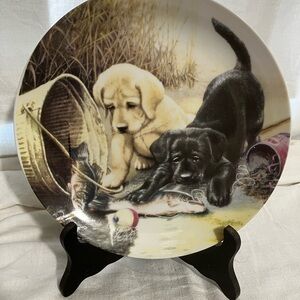 Decorative Plate with Puppies and Fishing Scene
